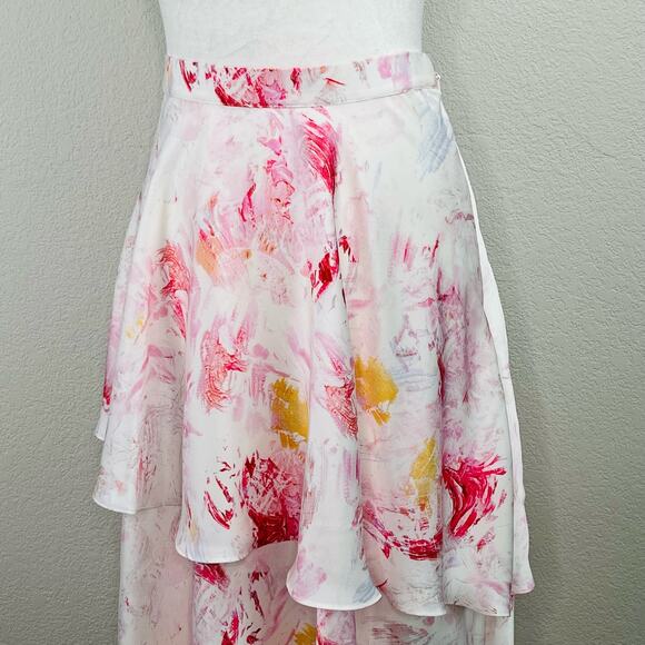 BCBGMaxAzria Asymmetric Tiered Satin Multi Pink White Marbled Midi Skirt Medium - Picture 5 of 13